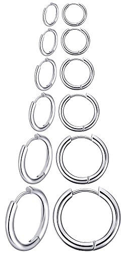 BBTO 6 Paare Knorpel Creole Ohrring Edelstahl Ohrringe für Frauen Endlose Kleine Creolen Winzige Ohrringe Silber Creolen Ohrringe Nase Lippe Ringe für Frauen, 8mm 10mm 12mm 14mm 16mm 18mm