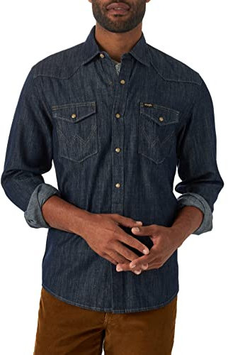 Wrangler Men's Iconic Regular Fit Snap Shirt Button, Rinse Denim, Large