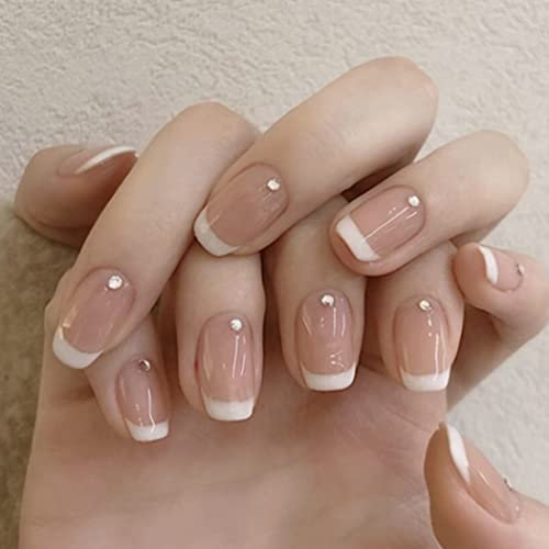 Sethexy Court Carré Faux ongles français Ballerine Strass Brillant Coller sur les ongles 24 pièces Acrylique faux ongles à coller pour les femmes et les filles