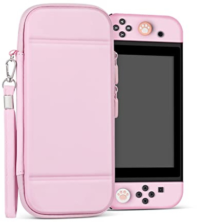 TNP Hartschalen Tragetasche für Nintendo Switch/Switch OLED Konsole Joy-Con, Ultra-dünne Stoßfeste Tasche mit Joystick Kappen Daumengriffkappen, Armband, Schutzhülle für 10 Spielkarten, Rosa