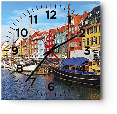 Modern Wanduhr Kopenhagen Nahavn Schiffe 30x30cm Quadrat Klein Wand Uhr Glas Analog Zimmeruhren Küche Büro Wohnzimmer Glasuhr Wall Clock Dekoration Design Wanddekoration Küchenuhr C4AC30x30-4205