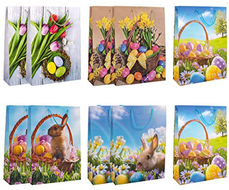 Idena 90110 - Geschenktüten Ostern, 10 Stück, 35 x 25 x 8 cm, matt, sortiert, Ostertüten, Geschenktaschen