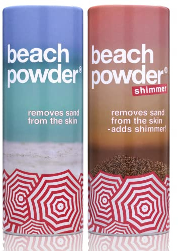 Beach Powder Sand Remover & Shimmer Duo, Original 100g + Shimmer 85g | Original powder removes sand; shimmer adds subtle sparkle. Talc-free, vegan duo made with plant and mineral powders