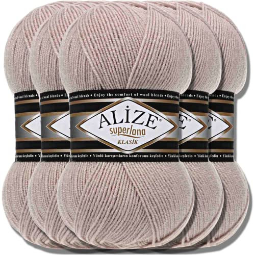 Hobby YARN Alize Superlana Klasik 5 x 100 g Türkische Premium Wolle Baumwolle und Acryl Uni Handstrickgarne Yarn Garn Strickgarn Baby zum Stricken Strickgarn (Stone | 506)