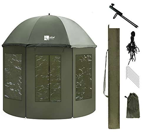 Zite Fishing Schirmzelt Anglerzelt Wasserabweisend & Geschlossen [250cm + Schirmstütze] Karpfen Angelzelt Angelschirm mit Seitenwand & Rückwand Angelschirme Angel Schirm Anglerschirm Schirmzelt Angeln
