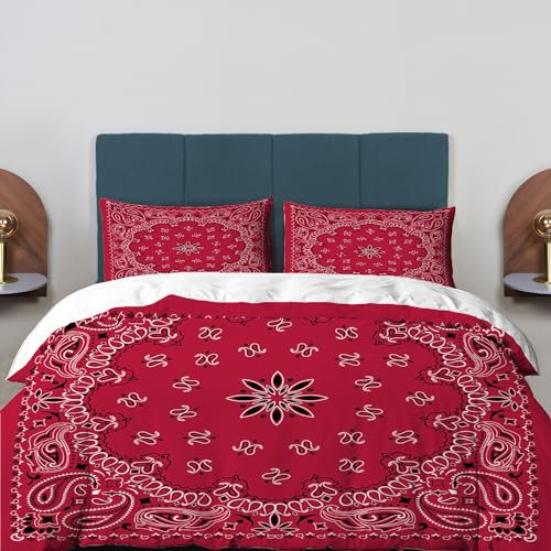 BaoNews Rotes Paisleymanna-Bettbezug-Set, volle Größe, 3-teiliges Bandana mit rotem Paisley in der Mitte, Bettwäsche-Set, Hotelqualität, Bettdeckenbezug-Set mit 2 Kissenbezügen (ohne Füllstoff)