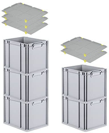PROREGAL SparSet 5x Eurobox NextGen Grip mit Auflagedeckel & 4 gelben Schiebeschnappverschlüssen, HxBxT 32x30x40cm, 30 L, Grau, Griffe geschlossen, Eurobehälter, Transportbox