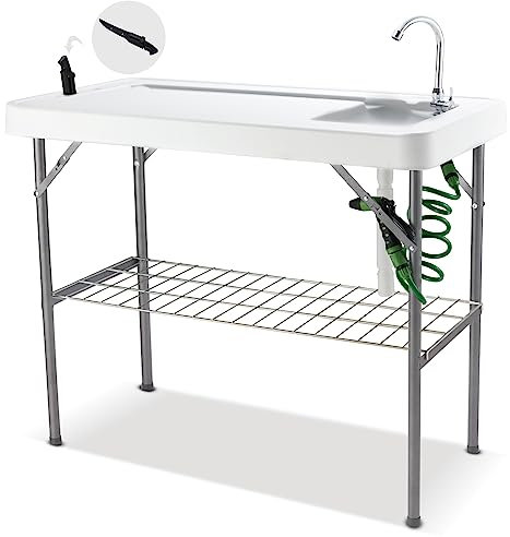 Hupmad 37 Folding Fish Cleaning Table w/Faucet & Sink, Outdoor Portable Fillet Station w/Grid Frame, Knife & Standard Garden Spray Nozzle, Multifunctional Washing Table for Camping or Kitchen, Grey