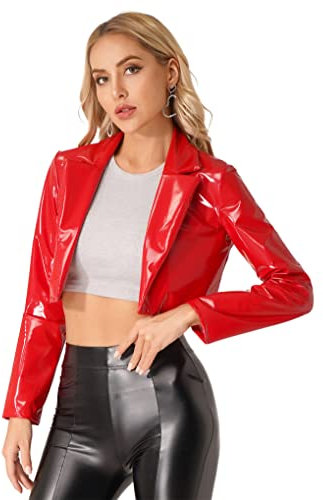 Hansber Damen Cool Jacke Mantel aus Lack Leder Kurz Bauchfrei Mantel Loose Fit Frühlingsjacke Freizeitjacke Biker Motorad Outfits Clubwear Rot M
