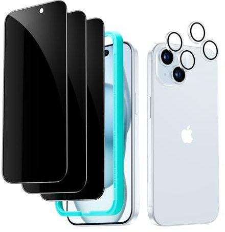 ESR for iPhone 15 Plus Privacy Screen Protector Set, Anti-spy Tempered-Glass Privacy Screen Protector, Micro-curved Edges, Case Friendly, 3-Pack with 2 Sets of Individual Camera Lens Protectors