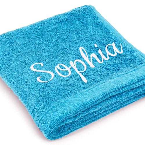 Cawö Premium Handtuch mit Namen oder Wunschtext Bestickt, personalisiertes Duschtuch, individuelles Duschtuch, 100% Baumwolle, 70 x 140 cm Blau