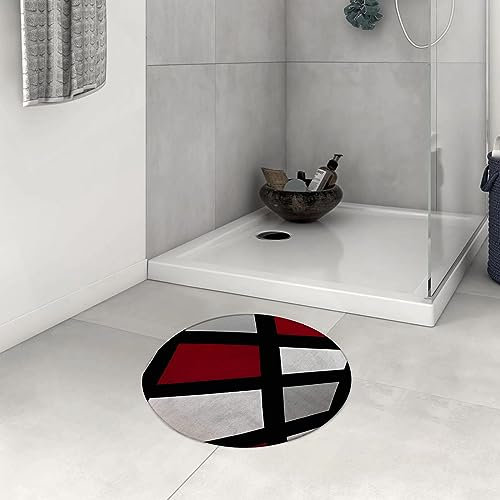 DHAEY Badezimmerteppich rutschfest Rot Grau Schwarz Weiß Geometrisch Waschbar Teppich rund Weich Flauschig Badteppich Weich Kurzflor Mikrofaser Badvorleger 60 cm