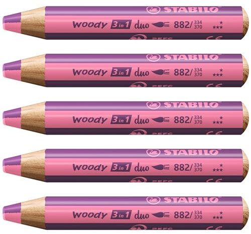 STABILO - Duo Buntstift, Wasserfarbe & Wachsmalkreide - woody 3 in 1 duo - zweifarbige Mine - 5er Pack - pink/erika