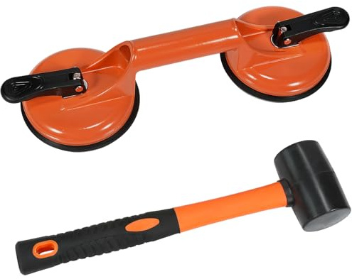 Fijador de huecos de piso para herramienta de reparación de huecos de suelo laminado, incluye ventosa de aluminio resistente y mazo de goma con mango de fibra de vidrio (no se puede utilizar en suelos