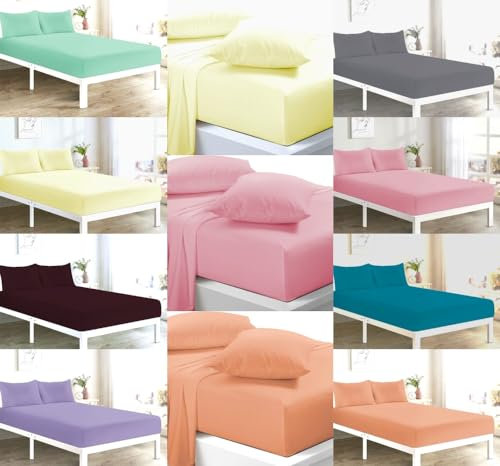 KARKARM Non Iron 4 Piece Bed Sheets Set – Flat Sheet + Fitted Sheet + 2 Pillowcases – Double Sheet Set – Soft and Comfortable Poly Cotton Percale – Plain Bedsheet Sets (Pink)