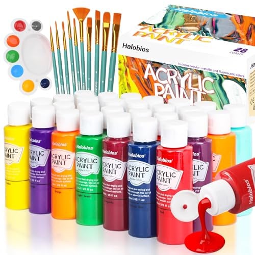 Halobios Acrylfarben-Set mit Pinsel und Palette – 28×60 ml hochwertige ungiftige Acrylfarbe, mit fluoreszierenden und metallischen Farben, schnell trocknend, wasserfest und lichtecht