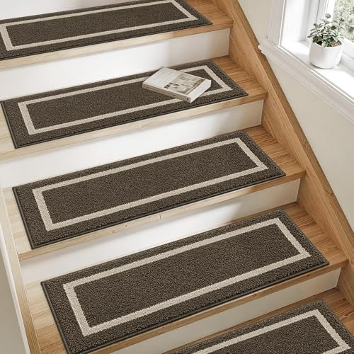 COSY HOMEER Carpet Stair Treads 15pcs Set, Non-Slip Indoor Carpet Treads for Stairs for Kids Elders and Dogs, 100% Polyester Quick Peel Self-adhesive Stair Runner Rug Pads, 22 x 70cm, Brown