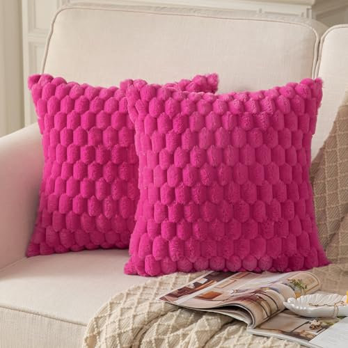 Mandioo 2er Set Rosa Rot superweichen dekorative Plüsch Kissenbezug Kissenbezüge 55 x 55 cm Wollsamt Dekokissenbezüge Kissenhülle Sofakissen Dekokissen flauschig für Couch Sofa Bett Wohnzimmer