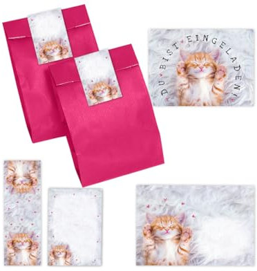 12 Einladungskarten zum Kindergeburtstag Mädchen Katze Einladungen zum Mädchengeburtstag incl. 12 Umschläge, 12 Partytüten/pink, 12 Aufkleber, 12 Lesezeichen, 12 Mini-Notizblöcke