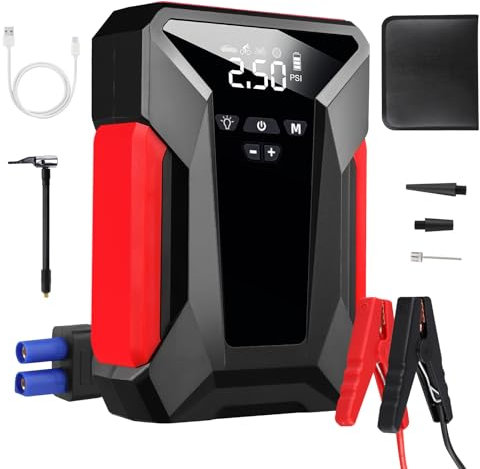 12V Portable Jump Starter Power Pack, 1800A Peak, Type-C Charge, LCD Screen, Air Pump, for Cars, Motorbikes, Trucks, EVs