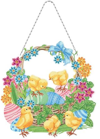 Diamond Painting Ostern, Ostern Diamant Aufkleber Kit, Diamond Painting Sticker, DIY Diamant Painting Osterhase Ostereier Set Diamant Painting Kranz mit Hängekette für Ostern Geschenk Kinder (D)