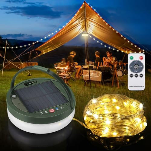 Anpro 12M 150 LED Camping Lichterkette Aufrollbar, Solar & USB Aufladung Camping Lampe Tragbare 3600mAh, Solar Camping licht Dimmbar 5 Beleuchtungsmodi für Camping Party Gartendek