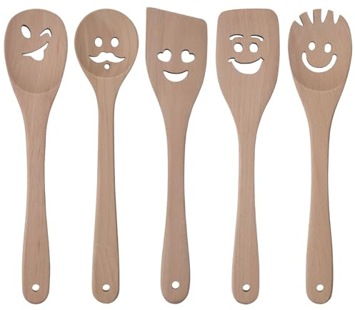 HANSGO 5PCS Wooden Cooking Utensils, 12in Cute Wooden Spatulas, Cast Scraper, Smile Cooking Wooden Spoons, Multipurpose Utensil