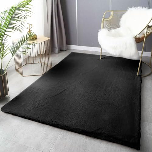 VIMODA Fellteppich Deluxe waschbar, sanfter Hochflor-Teppich einfarbig, kuschelig für Ihr Wohnzimmer oder Schlafzimmer,Farbe:Schwarz;Maße:Ø 160 cm Rund