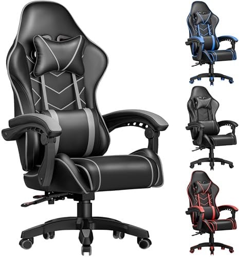 Blisswood Gaming Chair For Adults, Ergonomic Gaming Chair With Lumbar Cushions & Padded Armrest, Heavy Duty Office Desk Chair Adjustable Height Reclining Swivel Computer Pc Chair (Grey)