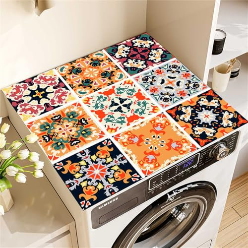 Odot Tapis de Protection pour Dessus de Machine à Laver, Antidérapant Découpable Housse de Machine à Laver pour Machine à Laver ou Sèche-Linge Buanderie Réfrigérateur -Mandala (Orange,60x60cm)