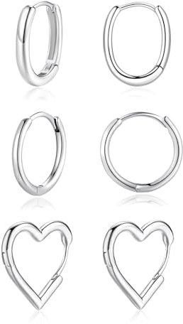 Cangall 925 Sterling Silber Creolen Set - 3 Paare Herz Oval Hypoallergen Klein Knorpel Schlafen Ohrringe - Damen Ohrschmuck für Mehrere Ohrlöcher
