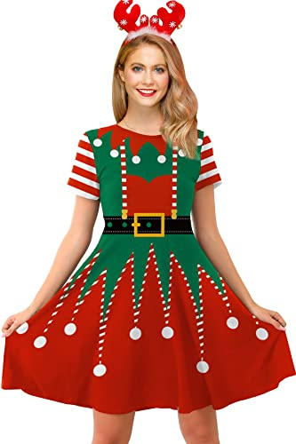 For G and PL Christmas Women's Xmas Loose Fit Short Sleeve Funny Printed Elf Santas Party Dress Red L