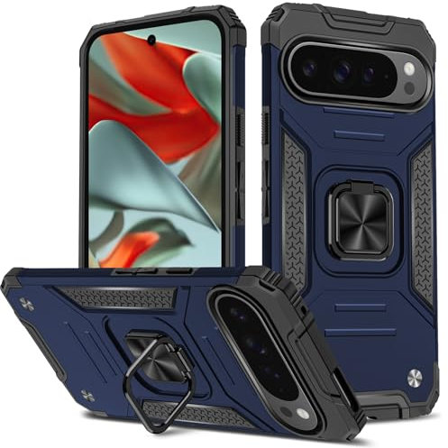 Btstring Cover per Google Pixel 9 Pro XL, Grado Militare Custodia con Cavalletto in Metallo Rotante a 360°, Hard PC Back Cover e TPU Bumper Antiurto Case- Blu