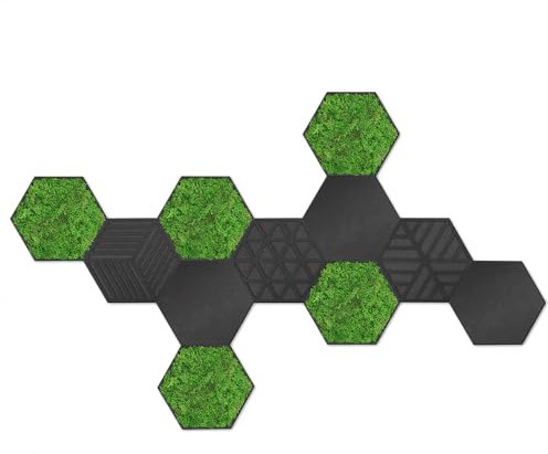 ebenkunst | Moosbild - Hexagons 11er Set Master - Wanddekoration aus Holz, HDF-Holz-Schwarz, 10mm stark, konserviertes Moos, handgefertigte Wandkunst (Grün)