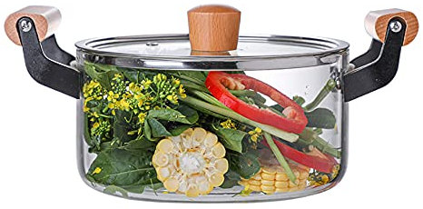 NNYCC Heatable Glass Simmer Pots for Cooking with Wooden Handle,Clear Glass Stockpot for Home Kitchen Restaurant,2.5L