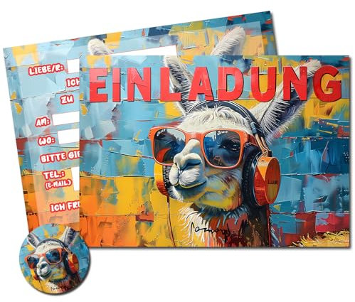 Vielucks 15 x Filmgenre Lama Einladungskarten - DIN A6 - Original - mit Aufkleber,Alpaka Einladungskarten Kindergeburtstag Mädchen Junge,Geburtstagseinladungen,Party deko,Einladung Einschulung(Lama Ⅰ)