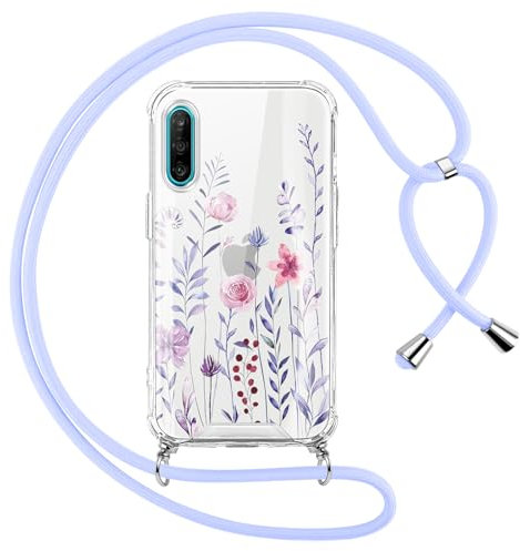 Oelrstfe Coque pour Huawei P30 Lite/Nova 4e avec Cordon de Collier,Transparent Paillette Fleurs Motif Silicone Étui Housse,Aesthetic Glitter Antichoc Anti-Chute Lanyard Bandoulière Case,Bleu