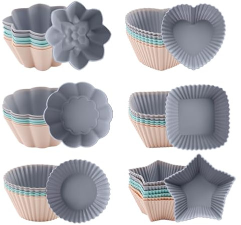 TOKSEO 36 pirottini in silicone per muffin, 6 tipi, antiaderenti, in silicone, riutilizzabili, per torte, budini, torte (3 colori)