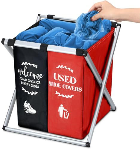 Wonderjune Foldable Disposable Shoe Cover Box Dispenser Fabric Storage Bin Holder with Used Shoe Covers and Welcome Please or Remove Sign for Open House Supplies(Black, Red)