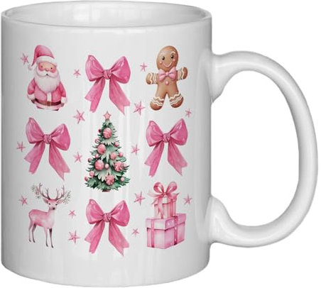 HOURRUIYU Tasse à café rose, tasse à café de Noël, tasses à café de Noël, tasses à café amusantes, cadeaux de Noël pour femmes et hommes, cadeau pour les amateurs de nœud rose, tasse de 325 ml