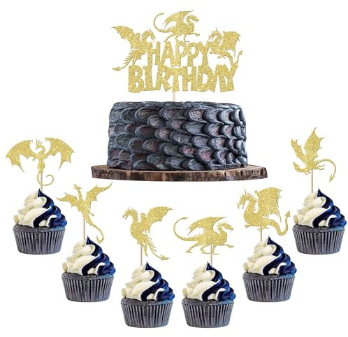 25 Stück Drachen Tortendeko Glitzer Happy Birthday Kuchen Deko Fantasie Geburtstag Cake Topper für Fliegende Drachen Thema Baby Dusche Kinder Geburtstag Party Kuchen Dekorationen Gold