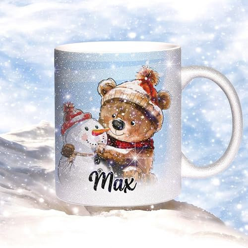Sunnywall Glitzertasse Personalisiert mit Namen – Weihnachtstasse - Bär Winter-Edition - Wintertasse aus Keramik - Geschenkidee