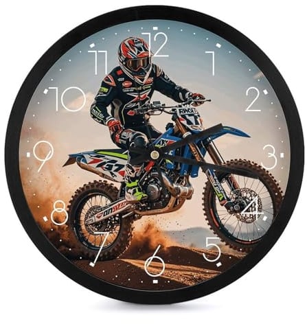 Wanduhr mit Motocross-Rennmotiv, modern, rund, dekorative Wanduhr, Büro, stille Uhr, Schlafzimmeruhr, Küchenuhr, 25,4 cm, Heimuhr, Relojes für Wohnzimmer