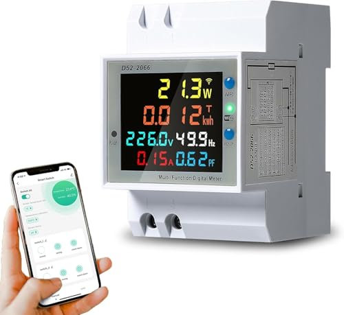 DEWIN Contatore Energia Elettrica WiFi,6 in 1 Contatore Energia Elettrica Monofase AC 40-300V 100A Misuratore di Consumo Elettrica WiFi Wattmetro Voltmetro Amperometro su Guida DIN con Display LCD