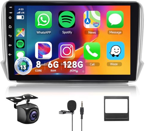 【8 Kern 6+128G】 Hodozzy Carplay Autoradio für Peugeot 208/2008 2012-2018, Android Autoradio mit Navi,10 Zoll Touchscreen mit Android Auto/Mirror Link/WiFi/GPS/RDS/FM/Bluetooth/USB/DSP