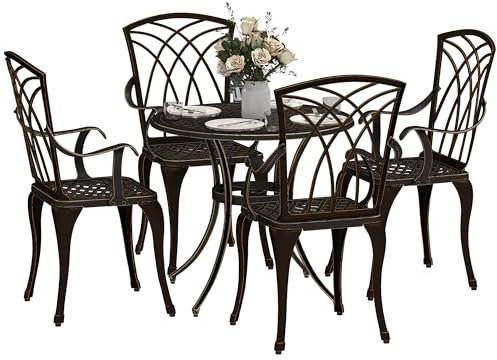 Outsunny 5 Pieces Garden Dining Set for 4, Cast Aluminium Outdoor Dining Set with 4 Armchairs and Round Dining Table with Parasol Hole, Garden Furniture Set, Bronze Tone