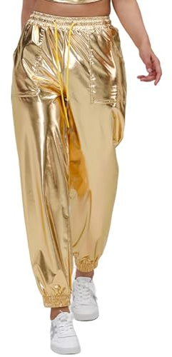 AGYMNX Women Metallic Shiny Pants with Drawstring Jogger Casual Holographic Colour High Waisted Metallic Pants Drawstring with Pockets Disco Hip Hop Theme Party