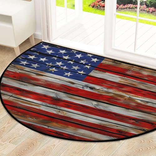 Mexpekil Halbrunde Fußmatte, 160 x 100 cm, Retro-Holz, amerikanische USA-Flagge, saugfähig, halbrund, rutschfest, für Zuhause, Küche