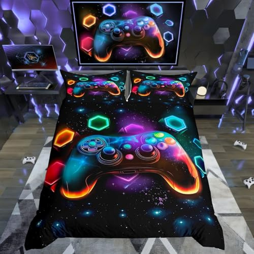Homewish Gaming Super King Size Duvet Cover Sets 3 Pieces, Reversible Colorful Gamer Gamepad Kids Bedding Sets for Boys Girls Teens, Neon Rainbow Honeycombs Print Quilt Cover, Galaxy Bed Set