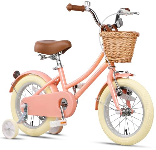 Glerc 14 Zoll Kinderfahrrad, Retro Cruiser Mädchenfahrrad für Kinder im Alter von 3-5 Jahren mit Rücktrittbremse & Weidenkorb & Stützrädern, Pfirsich